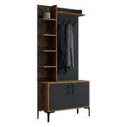 Mobile da ingresso Anja, Entratina appendiabiti, Composizione per atrio, Consolle portaoggetti multifunzione, 90x35h200 cm, Noce e Antracite
