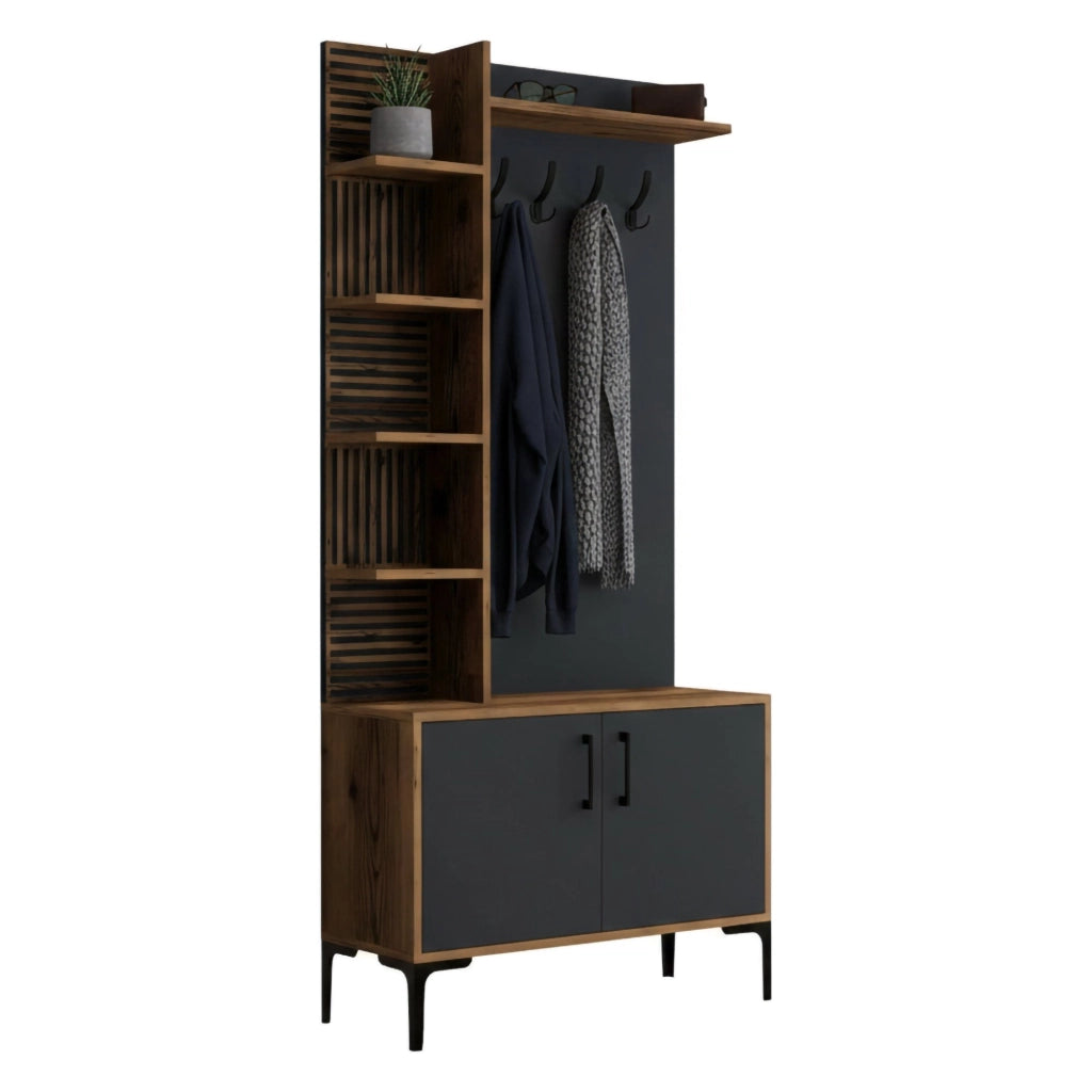 Mobile da ingresso Anja, Entratina appendiabiti, Composizione per atrio, Consolle portaoggetti multifunzione, 90x35h200 cm, Noce e Antracite
