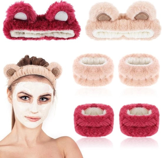 Set di fasce per capelli con orecchie di orso, fasce per polsi con flanella, fascia per skincare - 6 pezzi