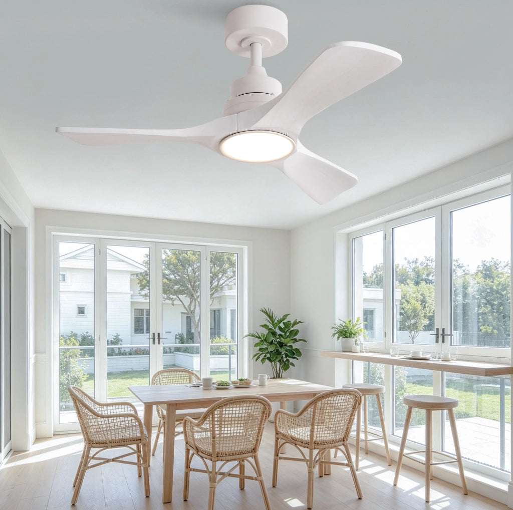 Ventilatore da soffitto 36 pollici con luce LED; 3 pale in legno; bianco