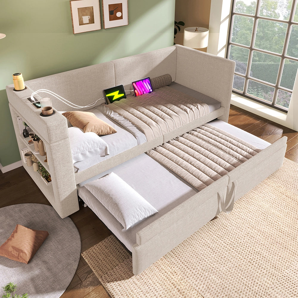 Letto a giorno-Xylo-90x200 cm-ribaltabile, USB-C, portabicchieri, misto lino, beige