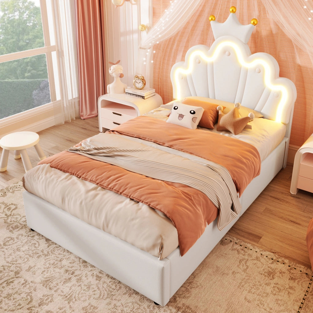 Letto imbottito 90x200 cm con contenitore; LED e testiera regolabile in PU