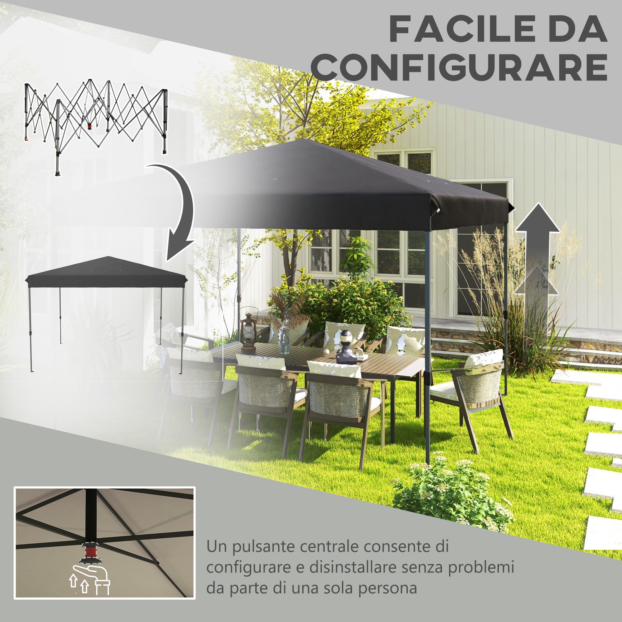 Gazebo Pieghevole 3.6x3.6m con Apertura a Bottone Altezza Regolabile e Borsa con Ruote Nero