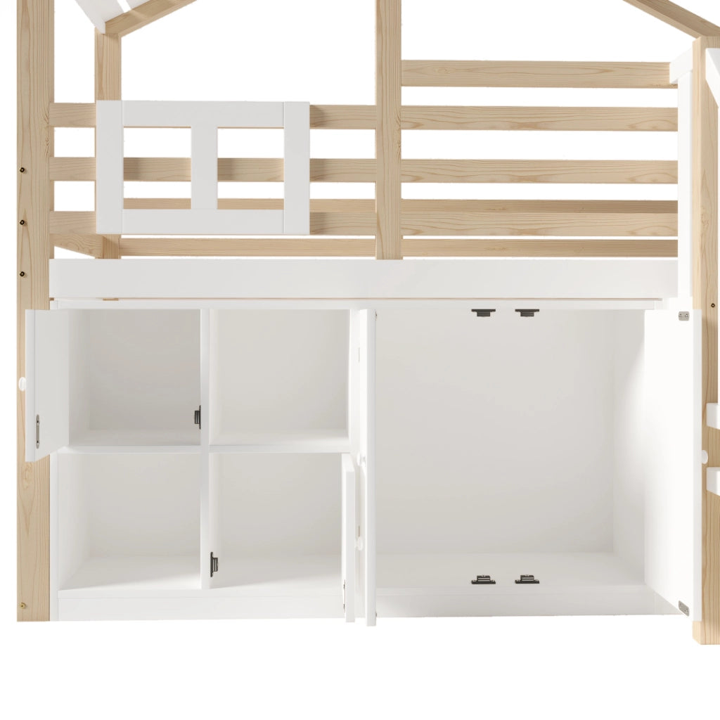 OKWISH Letto a soppalco 90×200 cm, Letto Singolo con Scomparti Contenitore, Scala Contenitore e Finestra, senza Materasso, Bianco