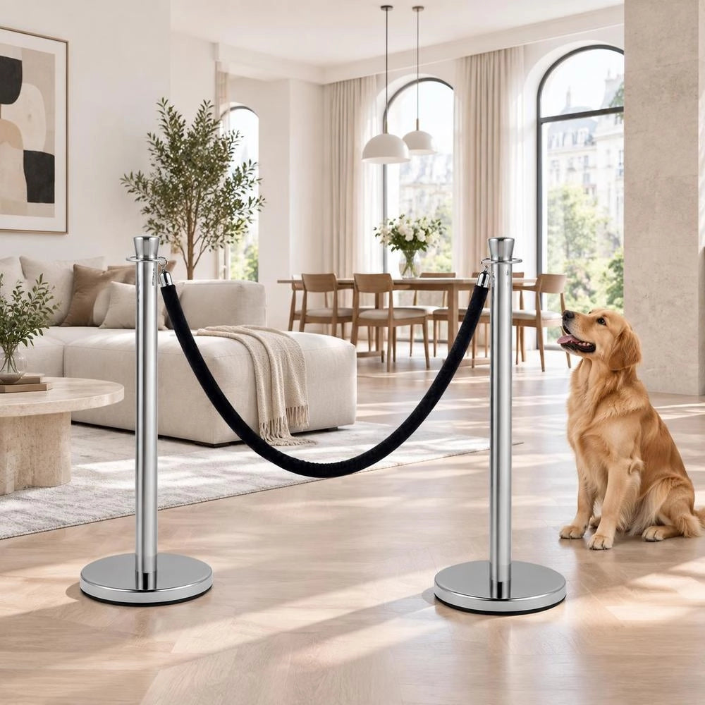 Crowd Control Support, 2-piece Set, Stake Set With 1.5 M Black Velvet Rope, Silver Crowd Control Barrier With Stable Concrete And Metal Base – Easy Assembly