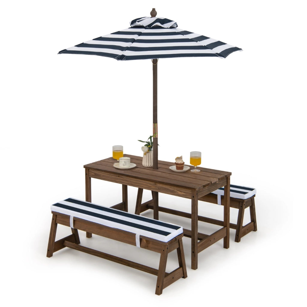 Tavolo da picnic per bambini con ombrello, Set di tavolo e panca in legno con cuscini  per attivit¨¤ Blu-Tavoli e sedie