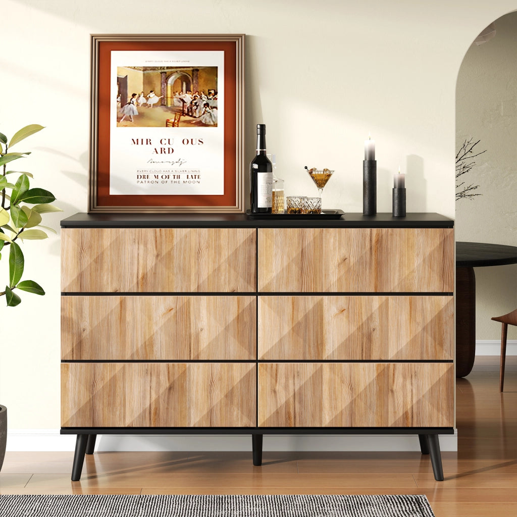 Credenza con 6 Cassetti; Frontali in Rilievo e Maniglie a Scomparsa; Stile Moderno; in MDF; Nero e Naturale; 120??40??85 cm