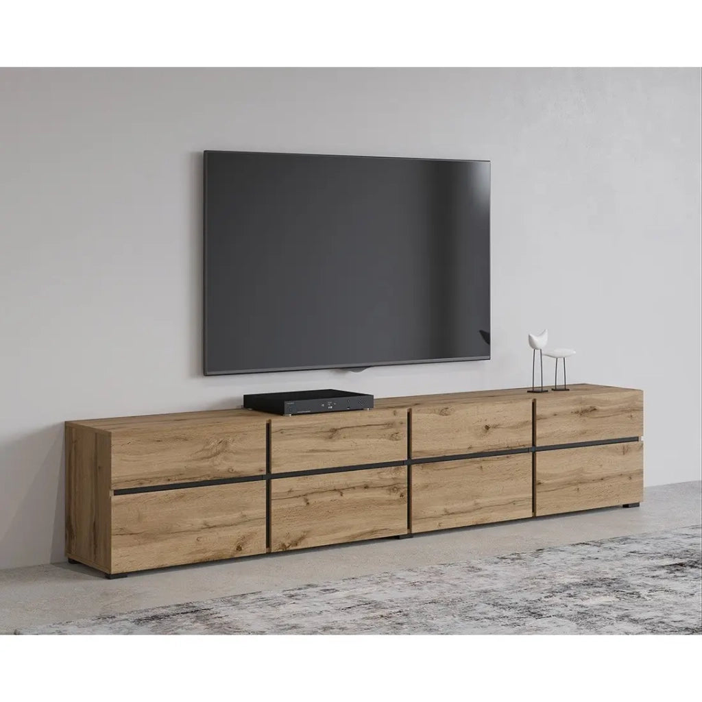 Mobile TV XL colore quercia e nero 225cm collezione HAVANA. Mobile design con 4 porte e 4 cassetti.