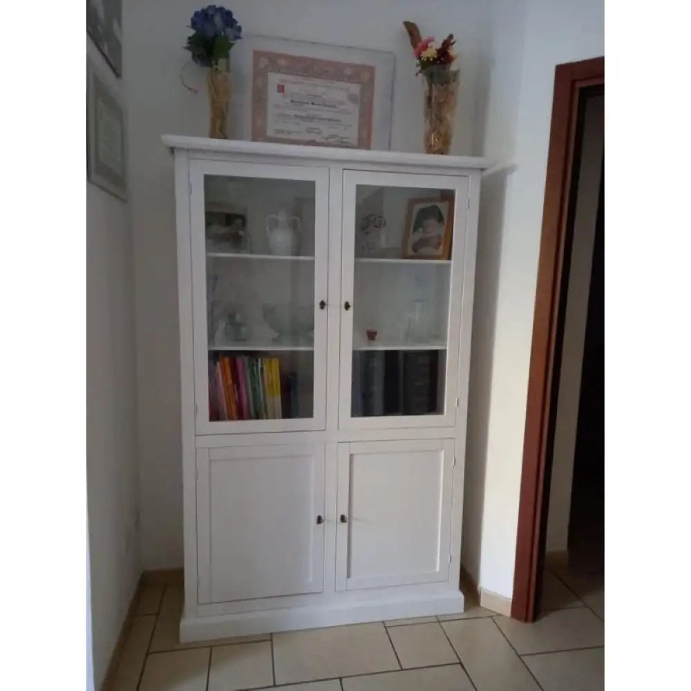 Vetrina 4 ante arte povera in legno massello e mdf con rifinitura in bianco 120X41X187 H