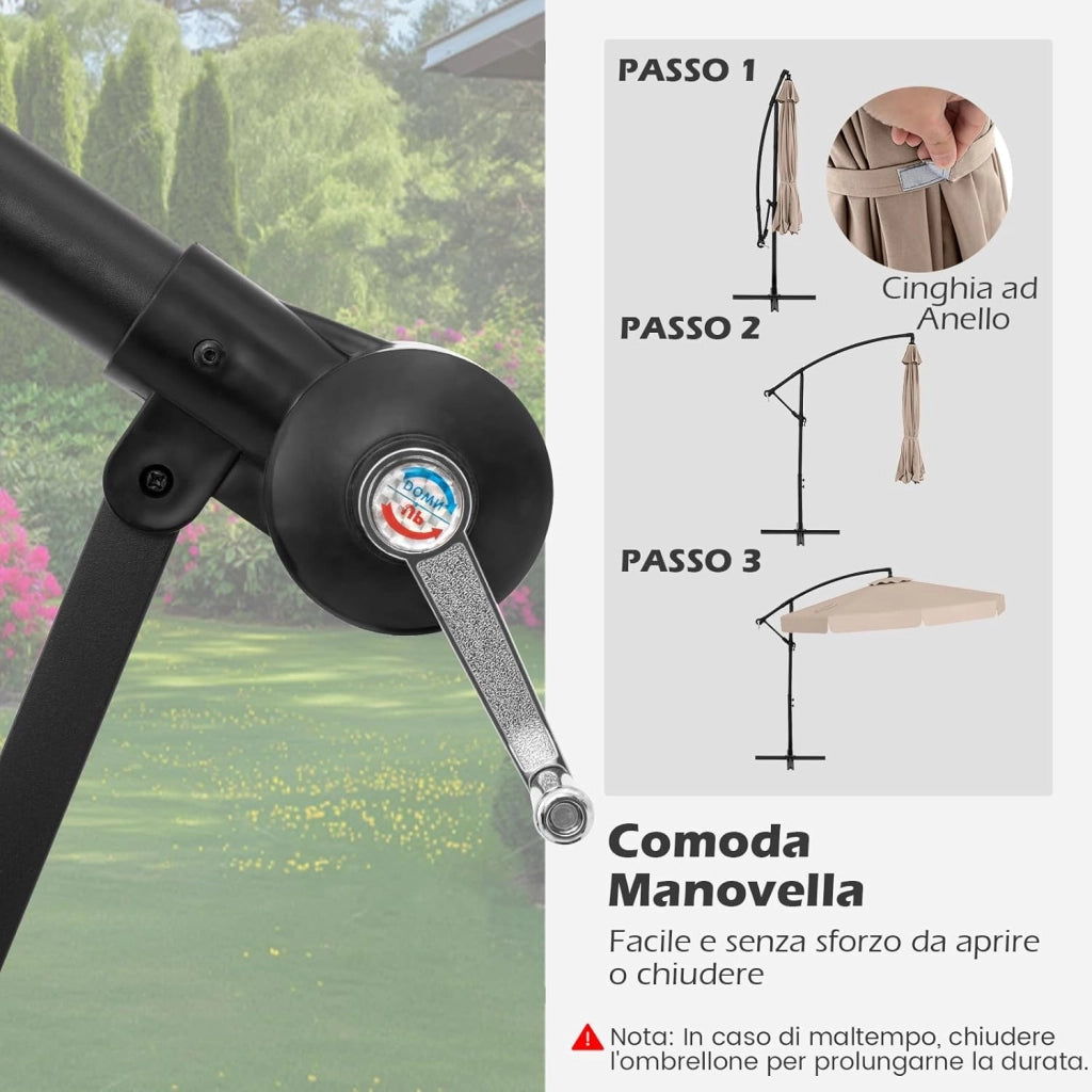 Ombrellone da Giardino 290 cm a Braccio | Inclinazione Regolabile, Manovella, 8 Stecche, Telo Solare, Copertura Inclusa (Beige, Non Base)
