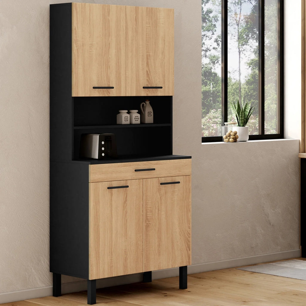 IDMarket - Credenza da cucina CINA 80 CM con 4 ante + cassetto, nero e faggio