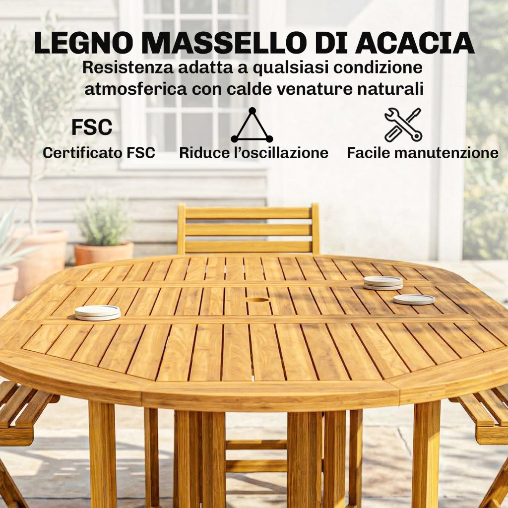 Set Pranzo 7 Pezzi, Tavolo Estensibile Legno e 6 Sedie Pieghevoli per Giardino
