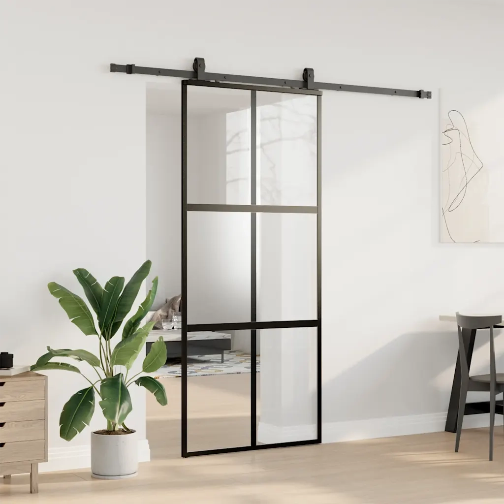 Porta Scorrevole Set Ferramenta Nera 90x205 cm Vetro Temperato 3375964