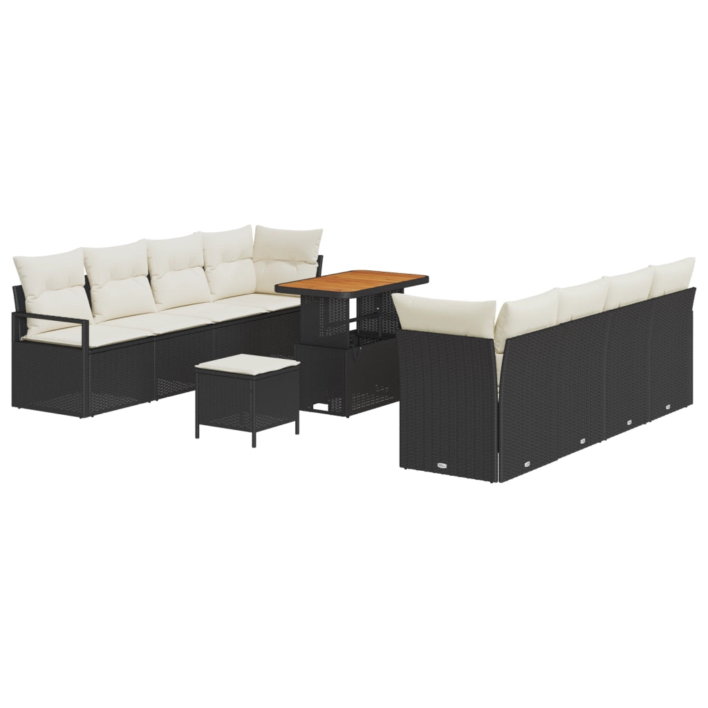 Set Divano da Giardino 11 Pezzi con Cuscini Nero Polyrattan Acacia