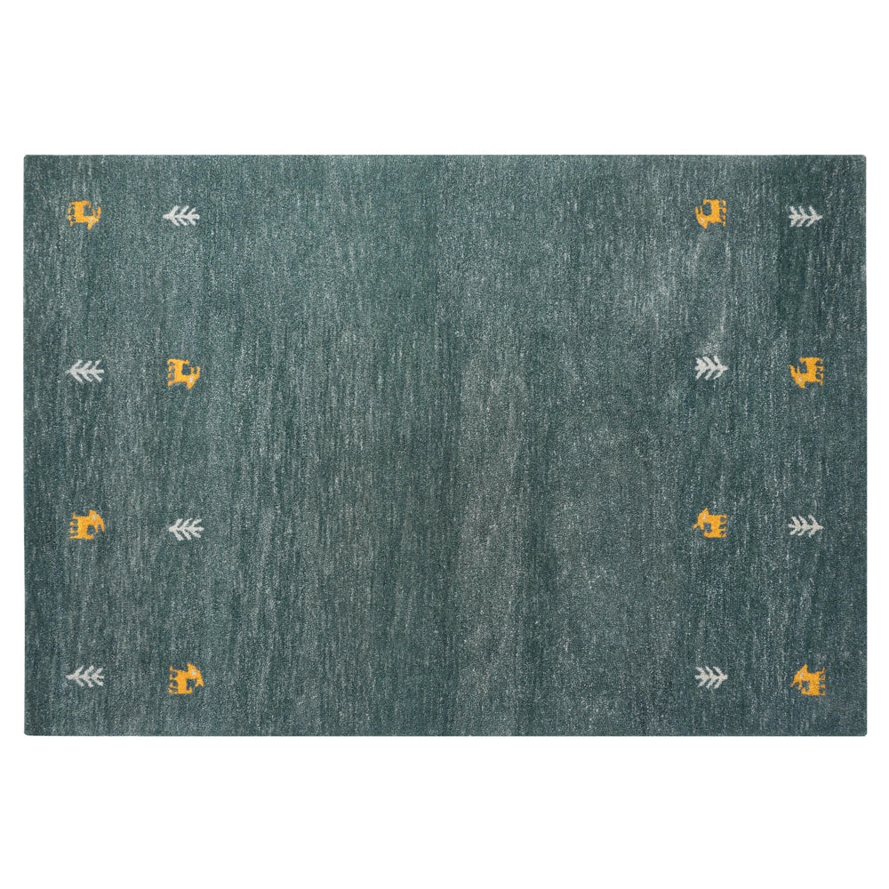 Tappeto Gabbeh in lana verde 140 x 200 cm, trapuntato a mano con motivi animali occidentali e design rustico
