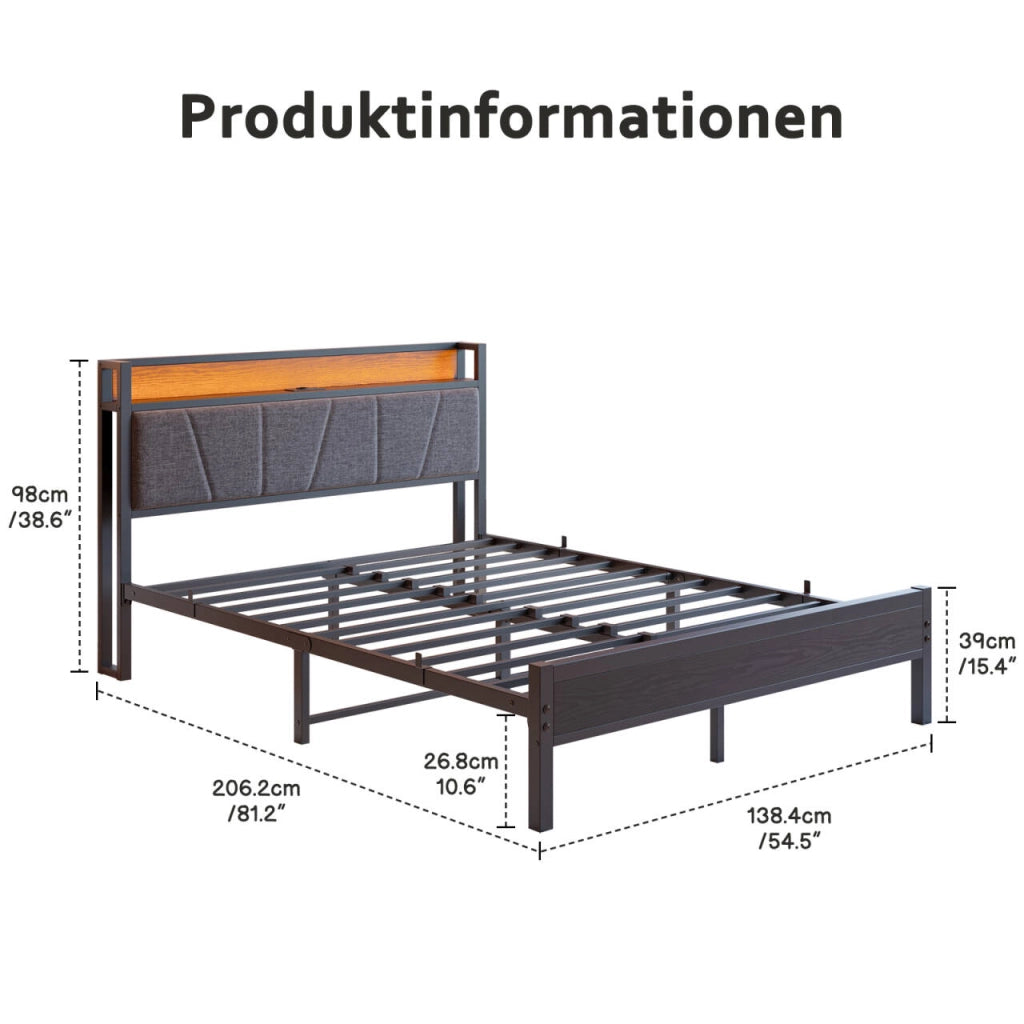 LETTO 140x200 cm in metallo e MDF nero con testiera contenitore e USB