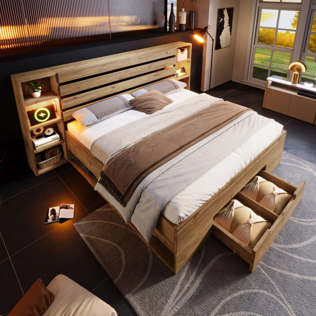 LETTO Matrimoniale 160x200 cm con LED USB e cassetti in legno e metallo rovere