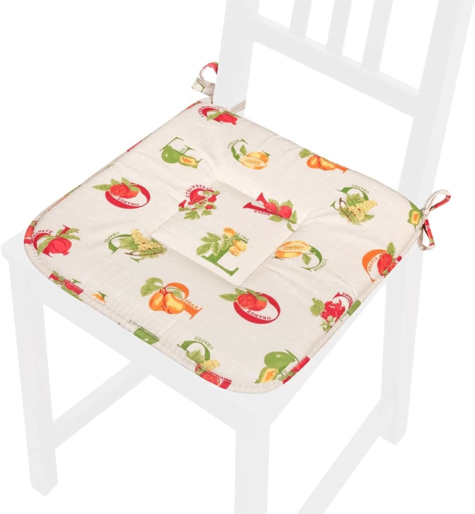 Set 4 Cuscini Sedia Cotone Lettere & Frutta Lavabili Coprisedie Universali Con Lacci Fissaggio