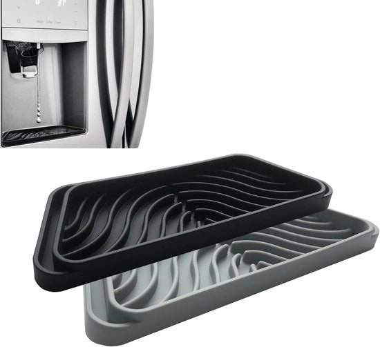 Lekbak in silicone per frigorifero, confezione da 2, protegge il dispensatore di ghiaccio e acqua da gocciolamento, si adatta alla lekbak del frigorifero, riciclabile e si asciuga rapidamente (rettangolare, nero + grigio)