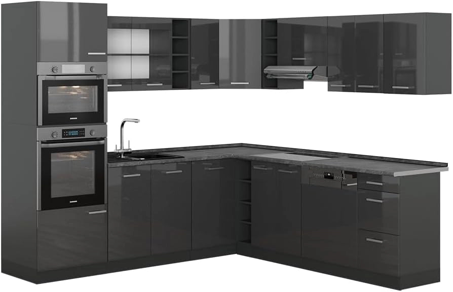 Cucina angolare completa R-Line, Antracite lucido, 247 x 60 cm, PL Antracite, per una pianificazione cucina flessibile e un'estensione modulare