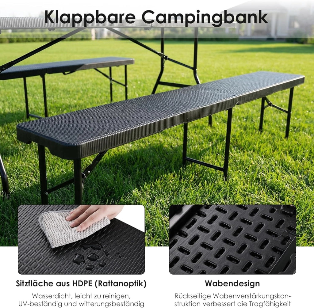 2 pcs Panchine da Birra Pieghevoli 180 cm, Panche Pieghevoli Birreria con maniglia, Panchina da Campeggio in plastica HDPE, Panchina da Giardino per campeggio feste da giardino, Ottica in Rattan
