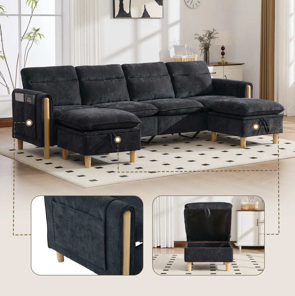 Divano modulare 4 posti a U con 2 pouf contenitore in ciniglia nero; 261x77x86 cm