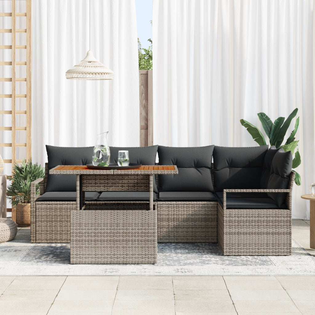 Set Divano da Giardino  6 Pezzi con Cuscini Grigio Polyrattan Acacia