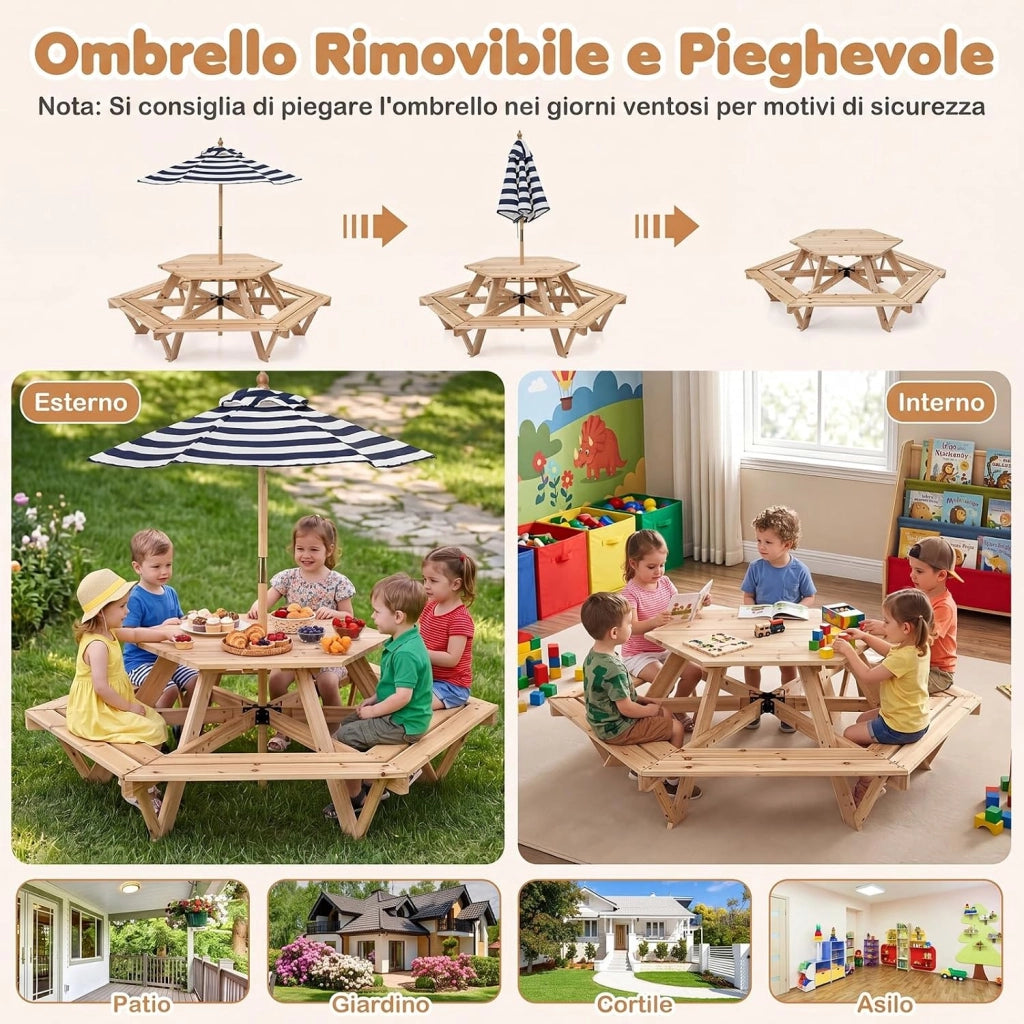 Tavolo Esagonale da Picnic per Bambini 3+ Anni con 6 Panche | Tavolino in Legno Massello con Ombrellone Rimovibile e Regolabile per Giardino, Balcone e Cameretta