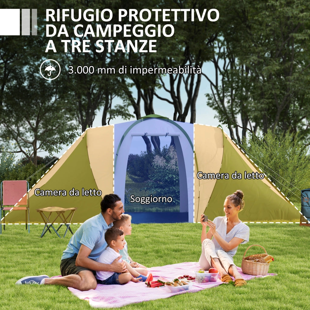 Tenda da Campeggio 555x225x190 cm per 4-6 Persone con 2 Camere Grigio e Verde