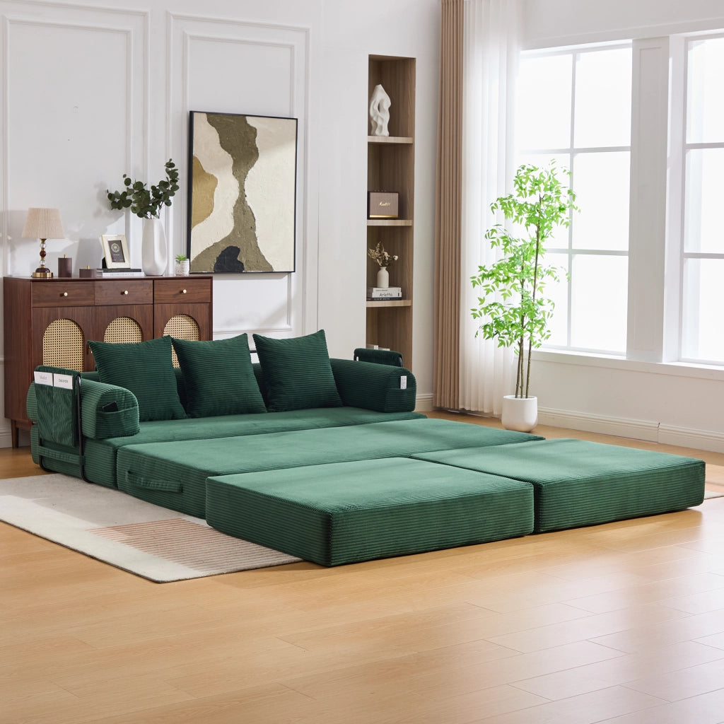 Divano modulare in corduroy con pouf, struttura in metallo, tasca laterale e 3 cuscini – Verde smeraldo