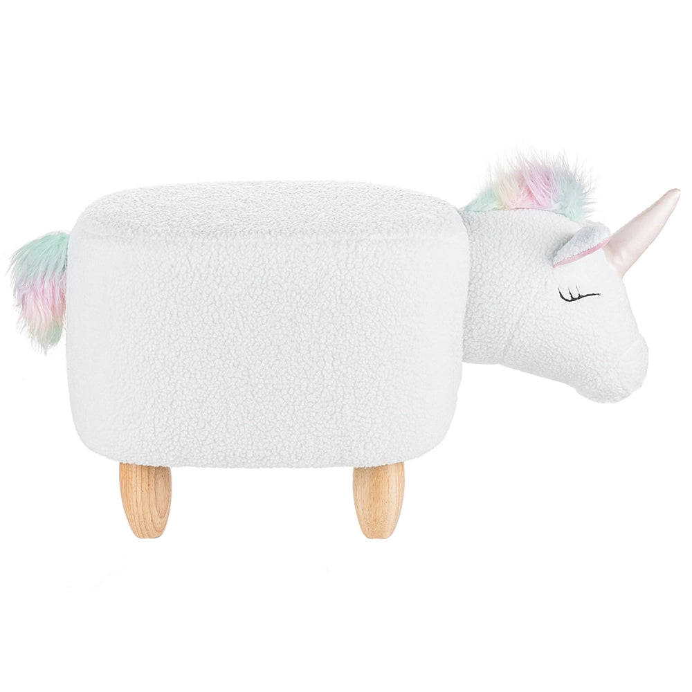 Sgabello per bambini Unicorno animale Tessuto in poliestere bianco Gambe in legno imbottite Poggiapiedi per scuola materna