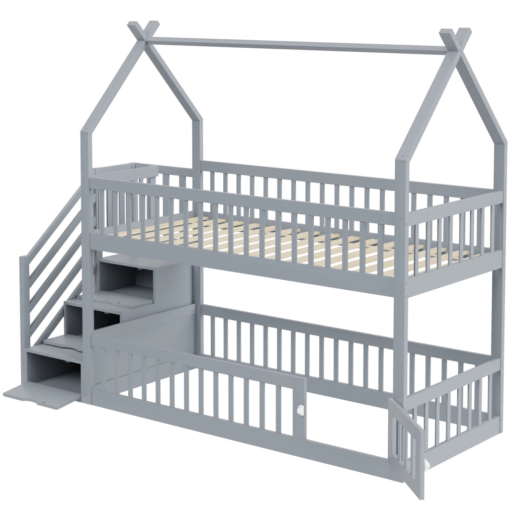 Letto a Castello 90x200 cm; Letto Singolo - Tetto; Scala con Cassetti - in Legno - Grigio