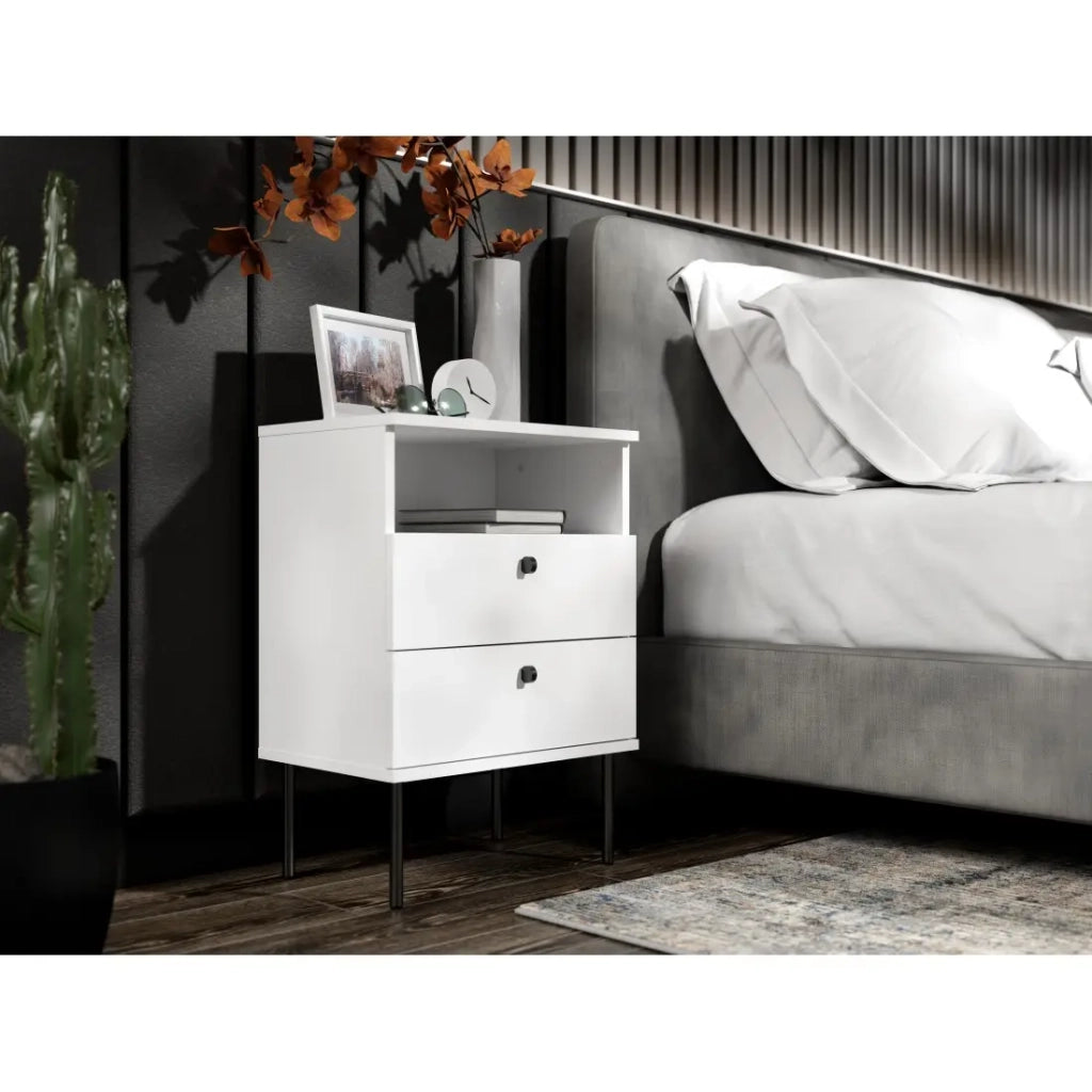 Tavolino da Notte 2 Cassetti con Nicchia – Colore bianco – Piedi dritti neri – Collezione Aurora