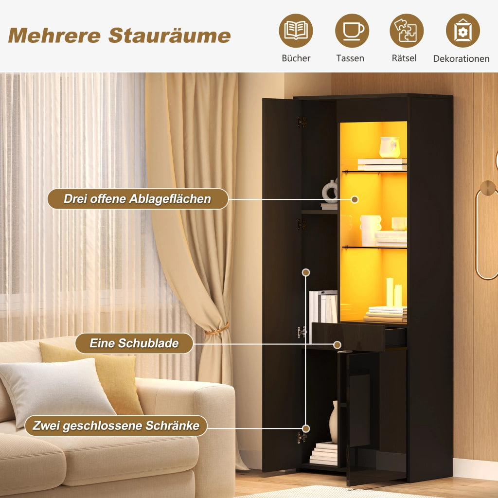 Vetrina con 1 cassetto 2 ante e vani aperti LED controllati da app per soggiorno in truciolare nero 70 × 35 × 180 cm