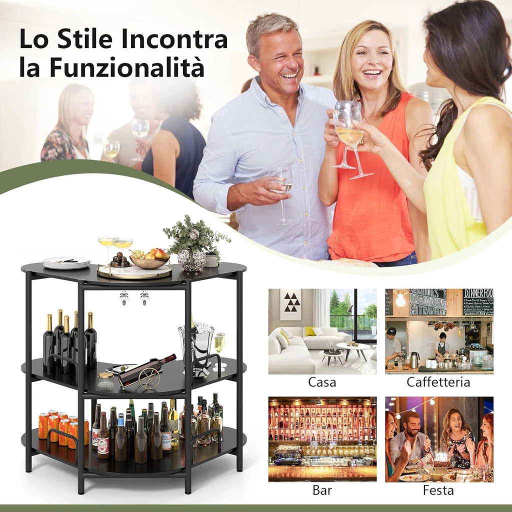 Tavolo da Bar 120 x 66 x 102 cm, Portabottiglie Vino a 3 Ripiani con Portabicchieri e Mensole di Stoccaggio, Isola Cucina Industriale per Bistro (Nero)