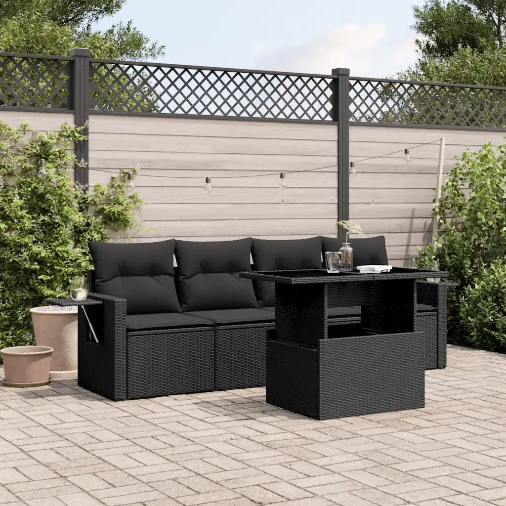 Set Divani da Giardino 5 pz con Cuscini in Polyrattan Nero
