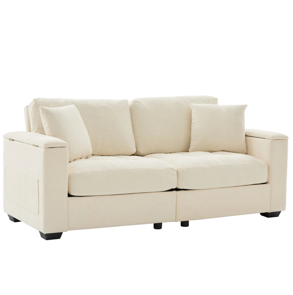 Divano 2 posti ULEVR beige in chenille con vani nei braccioli, tasche laterali e 2 cuscini, portata 500 kg