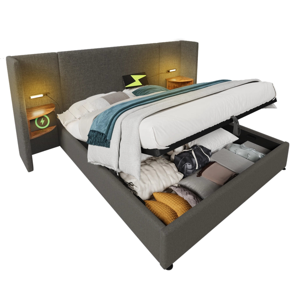 Letto matrimoniale contenitore 160x200 cm in lino grigio con testiera multifunzione; luce LED e USB