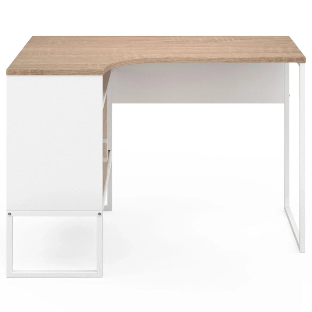 IDMarket - Scrivania angolare ROB in bianco e faggio con nicchia di contenimento e anta dal design industriale