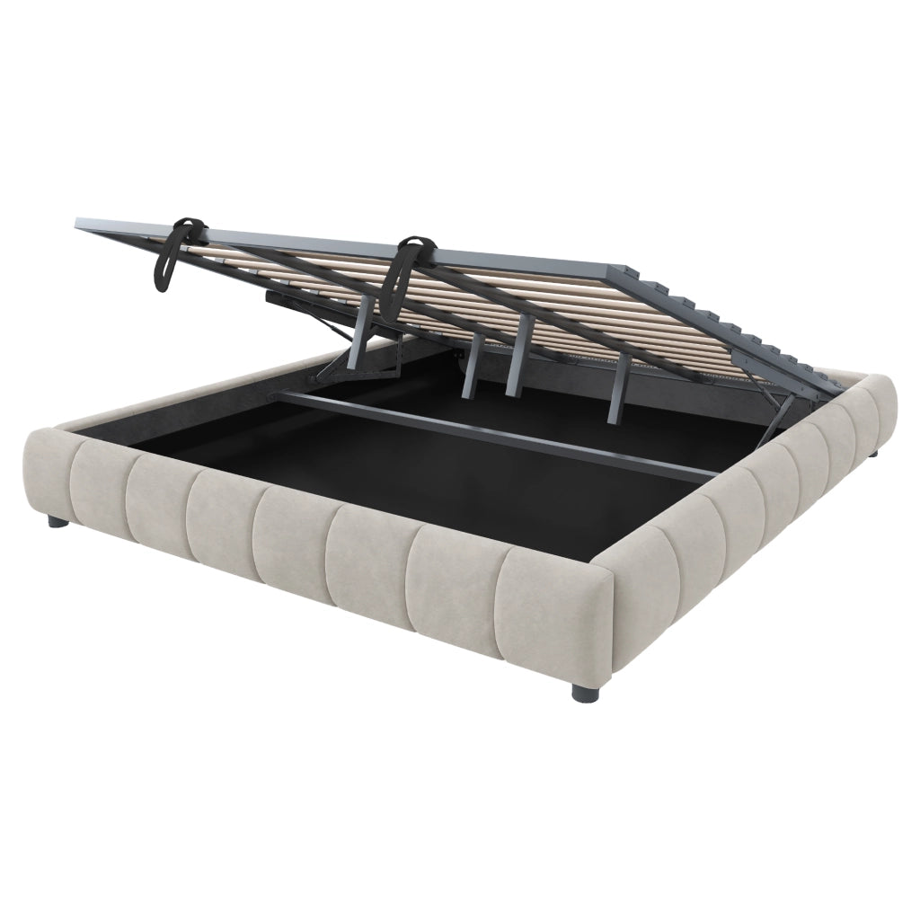 Letto imbottito 180x200 cm con sollevamento idraulico, LED bianco, senza testiera, Beige