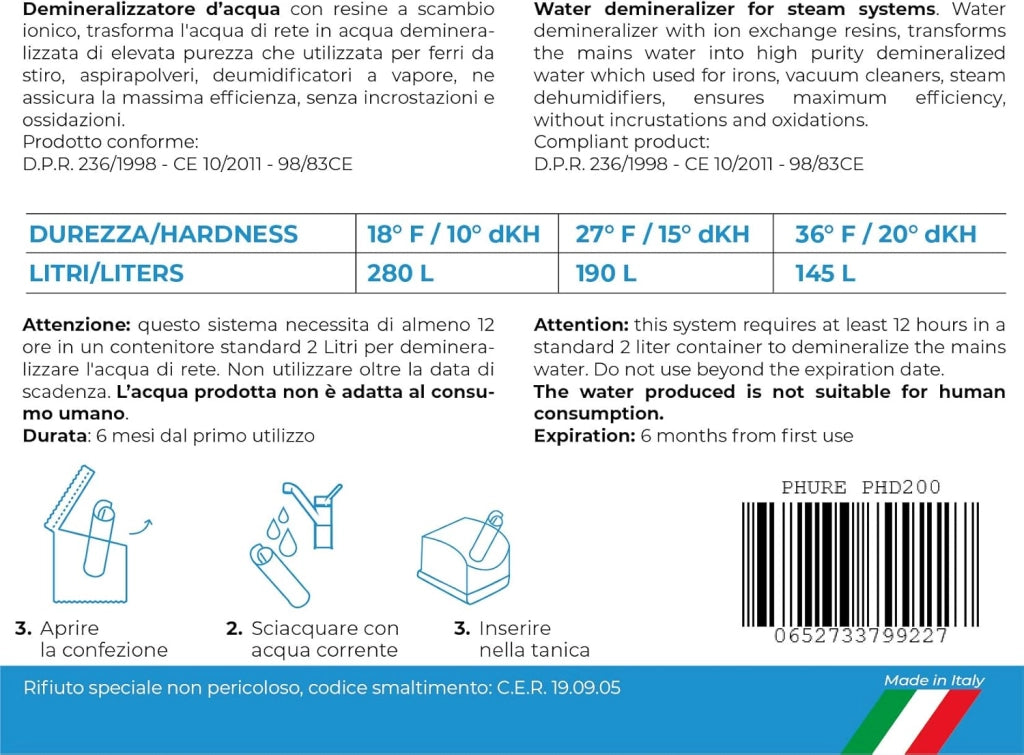 PHURE Demineralizzatore Acqua Antibatterico Filtro Demineralizzante Universale Acqua Distillata per ferri da stiro, aspirapolveri a vapore, deumidificatori e diffusori.