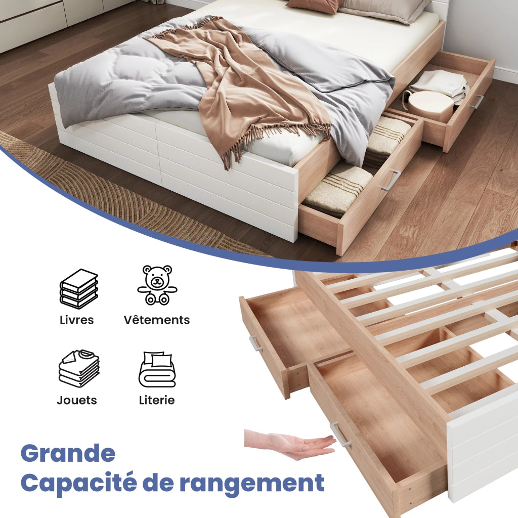 Letto Matrimoniale 160x200 cm; 2 Cassetti con Rete a Doghe in Legno Bianco