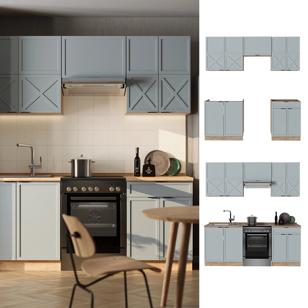 Vicco Cucina componibile Rovere blu-grigio chiaro/oro 200 cm senza piano di lavoro