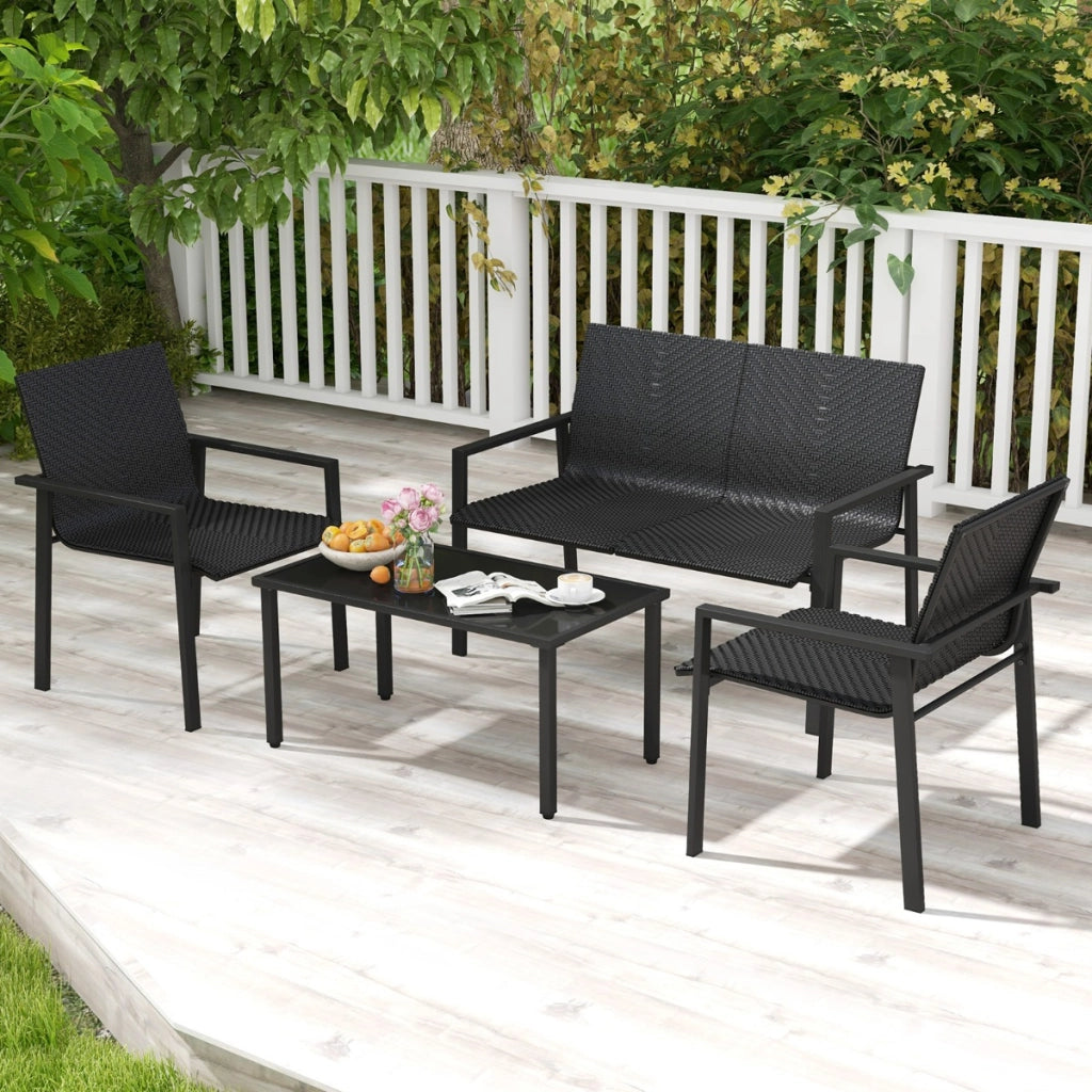 Set di mobili da giardino 4 pezzi, Set di tavolo e sedie in intrecciato di vimini su telaio metallico galvanizzato Nero-Set mobili da esterno