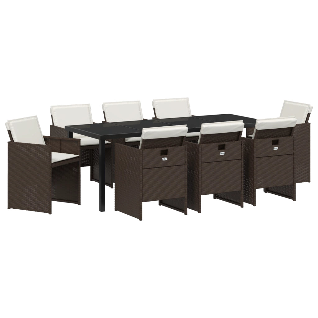 Set Pranzo Giardino 9 Pezzi con Cuscini in Rattan Marrone Poly