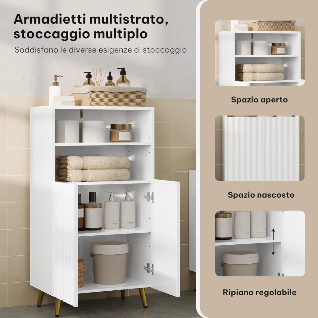 Mobile da Bagno, Armadietto da Terra Mobiletto, 50 x 30 x 93 cm, Mobiletto Bagno Salvaspazio, Ripiano Regolabile e Porte, per Soggiorno, Cucina, Corridoio, Bianco SBP0097