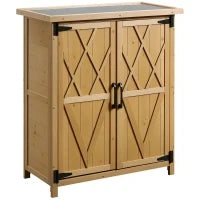 Armadio da Giardino Porta Attrezzi in Legno con 2 Ante e 4 Scaffali, Piano in Lamiera, 75x40x90 cm
