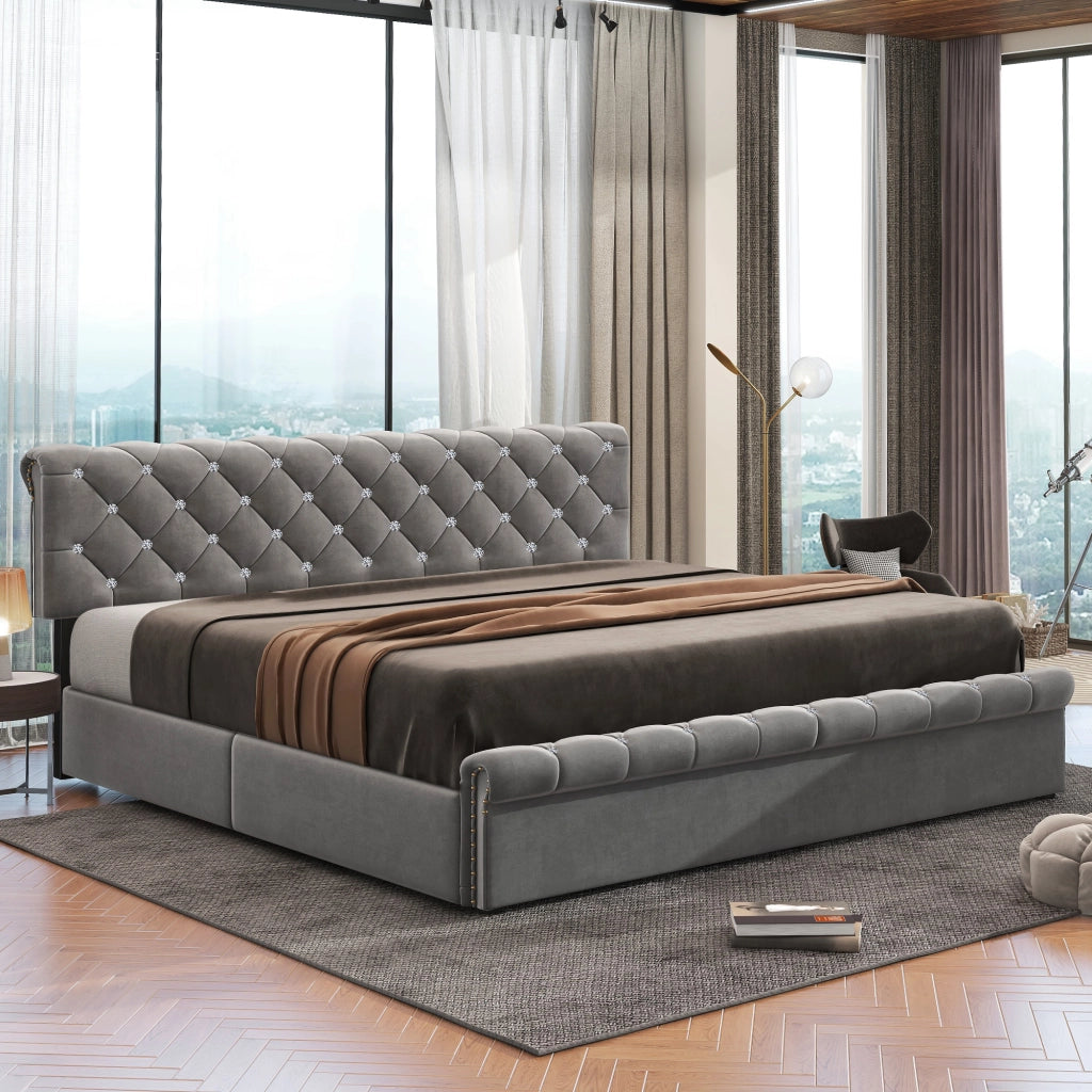 Letto imbottito 160x200 cm in velluto grigio con contenitore e testiera regolabile