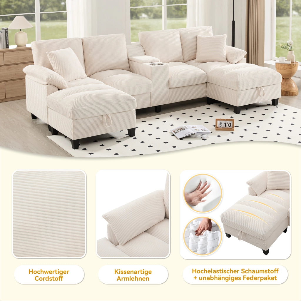 DIVANO angolare a U 293x142x93 cm in tessuto a coste beige con USB e portabicchiere