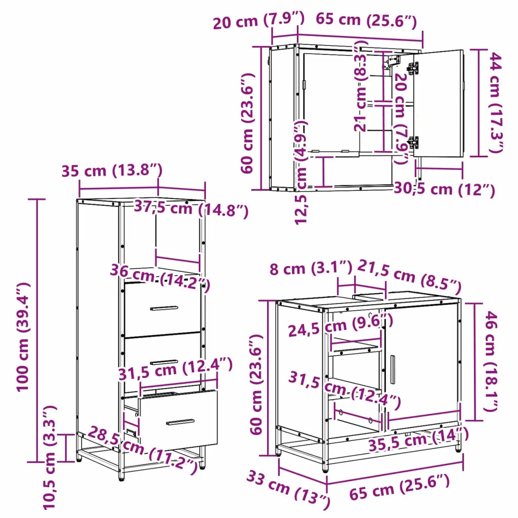 Set di mobili per il bagno 3 pz Rovere artigianale 3402370